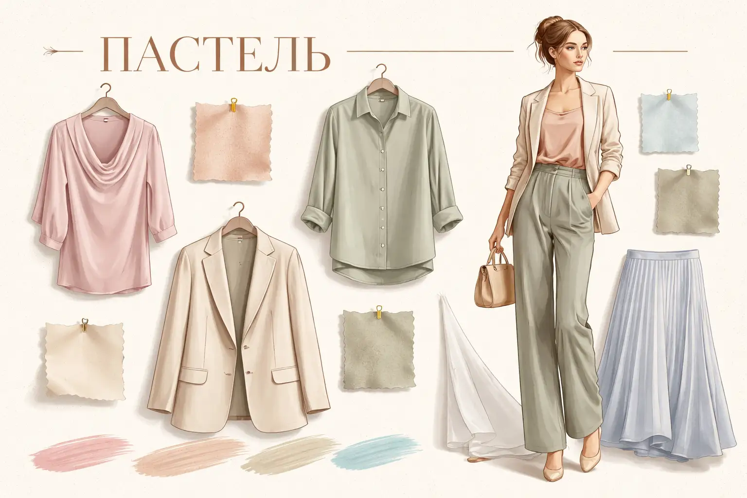 Палитра пастели: персиковый, сливочно-жёлтый, приглушённо-розовый, мятный, ледяно-голубой, лавандовый