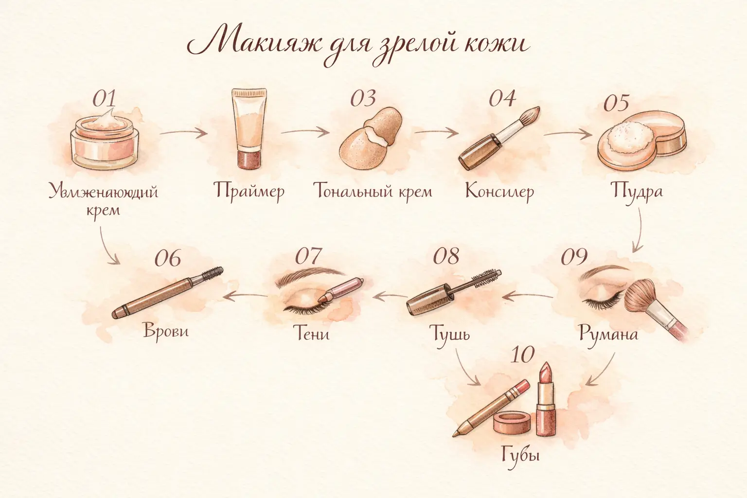 Пошаговый возрастной макияж — схема последовательности